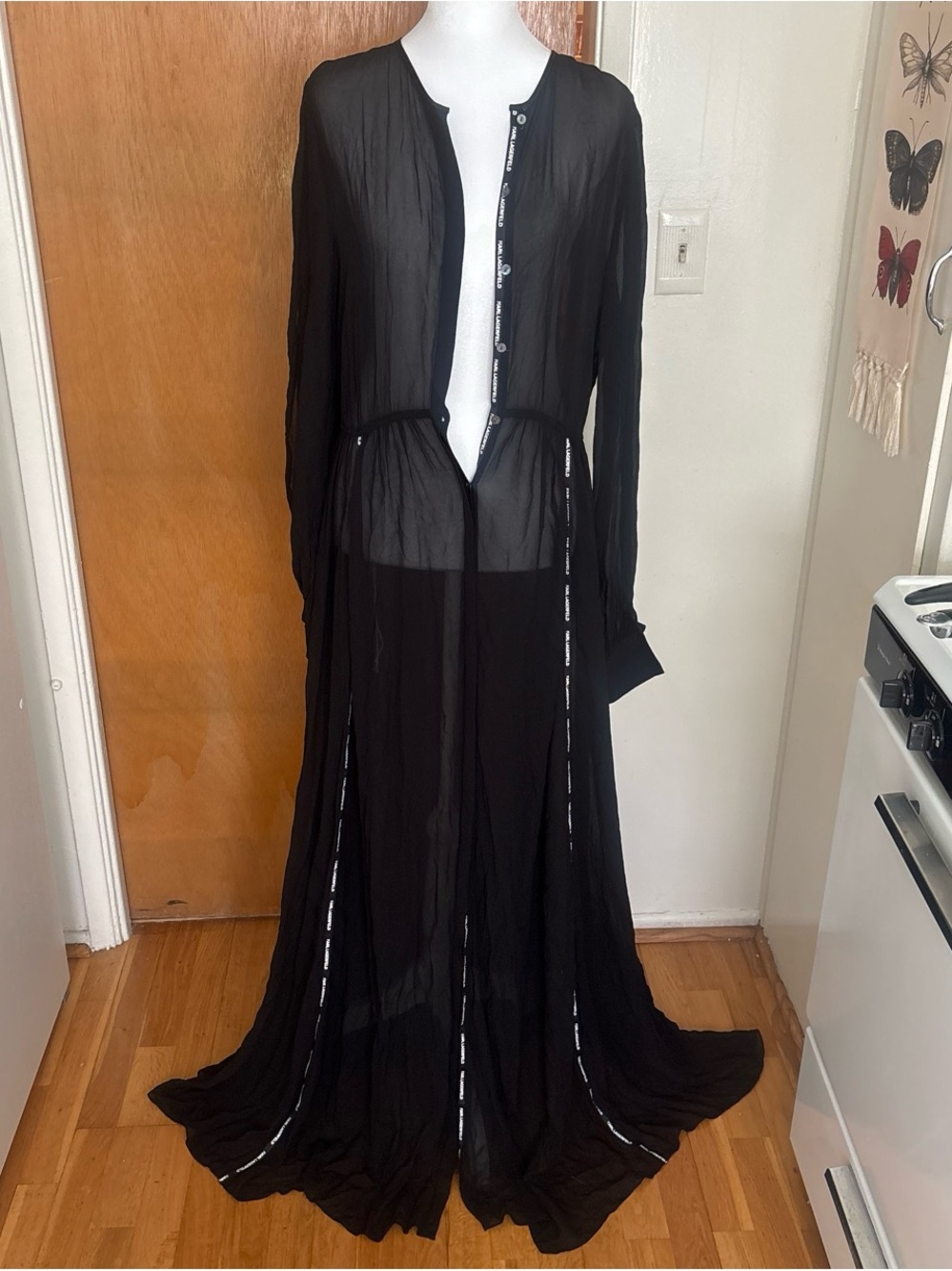 Karl Lagerfeld Sheer Black Maxi Dress with Button Front